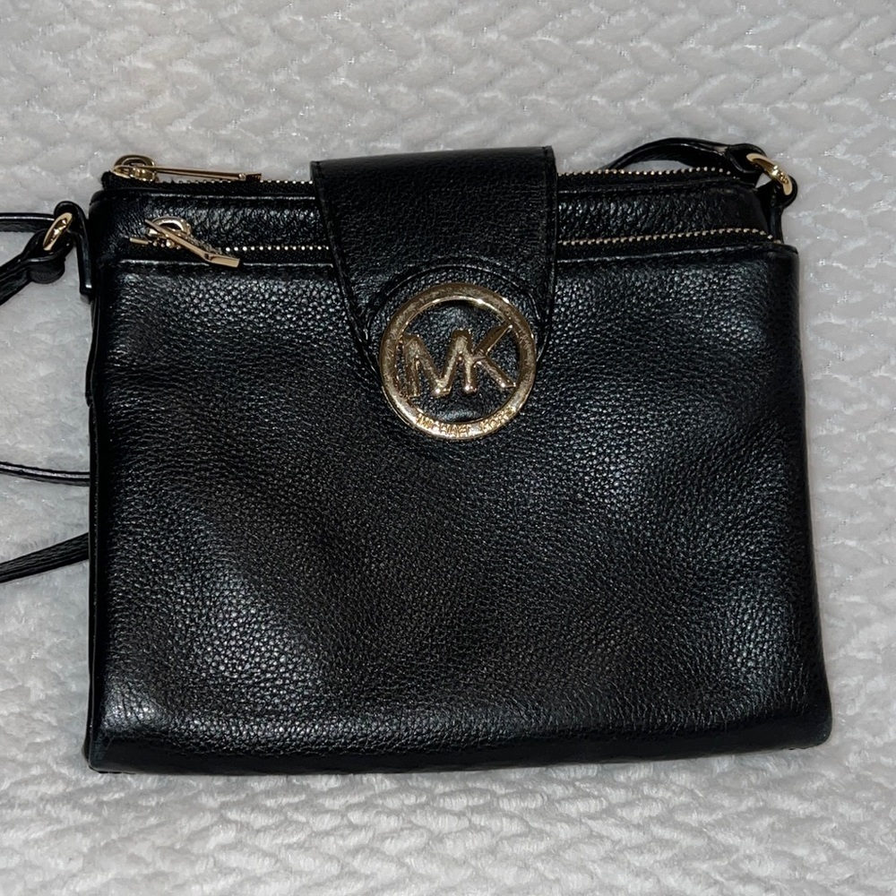 Michael Kors Fulton Black Crossbody Bag Double Zip Leather Gold Tone